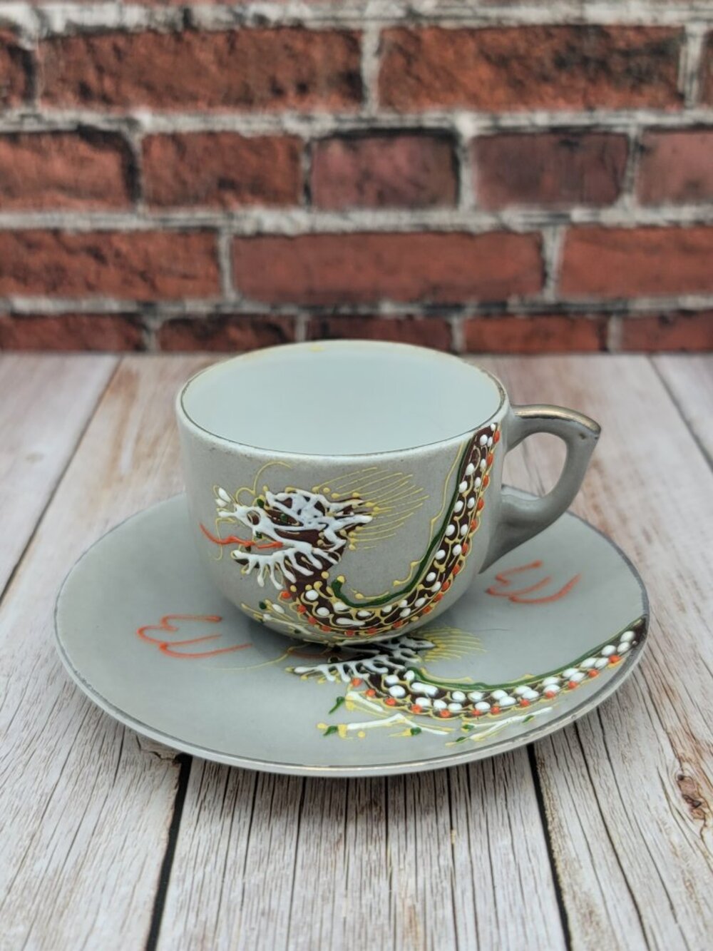Occupied Japan Hand painted Gray Moriage Porcelain Dragonware Mini Cup & Saucer - Picture 5 of 12